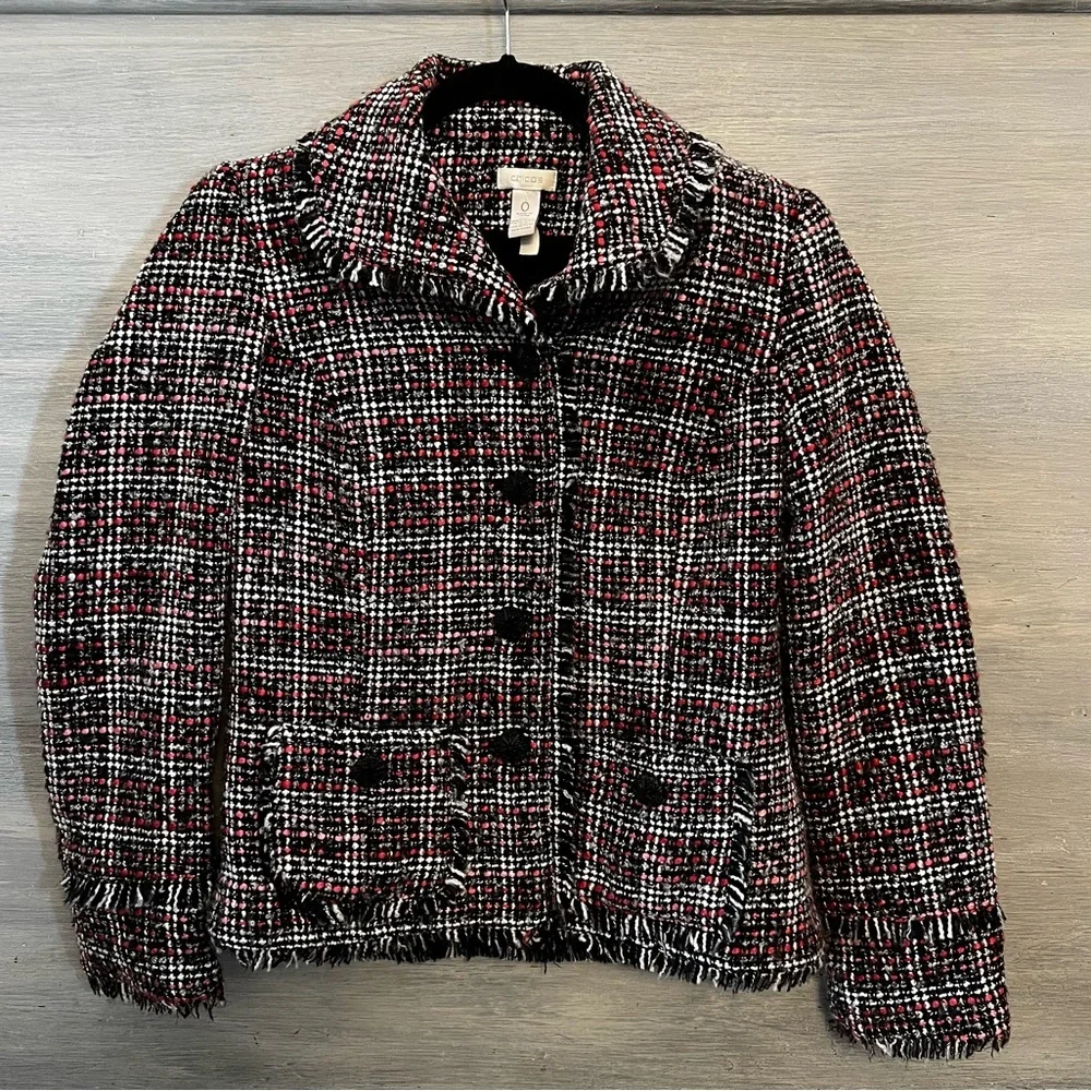 Chico’s Black Pink Fringe‎ Trim Tweed Blazer Jacket Size 0/XS Like New